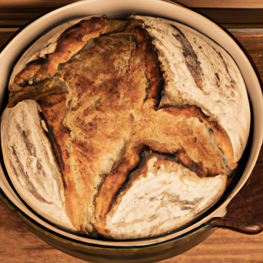 A freshly baked crusty bread made in a Dutch oven.